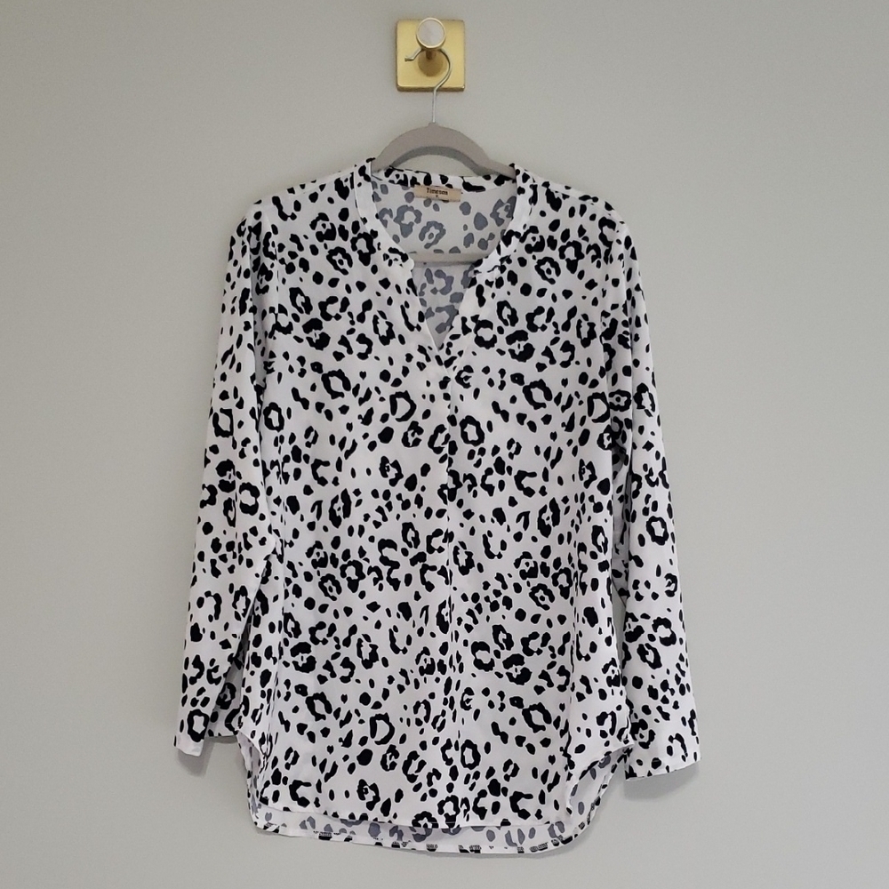 Timeson Leopard Print Long Sleeve Roll Tab Blouse Top Women Medium White Black